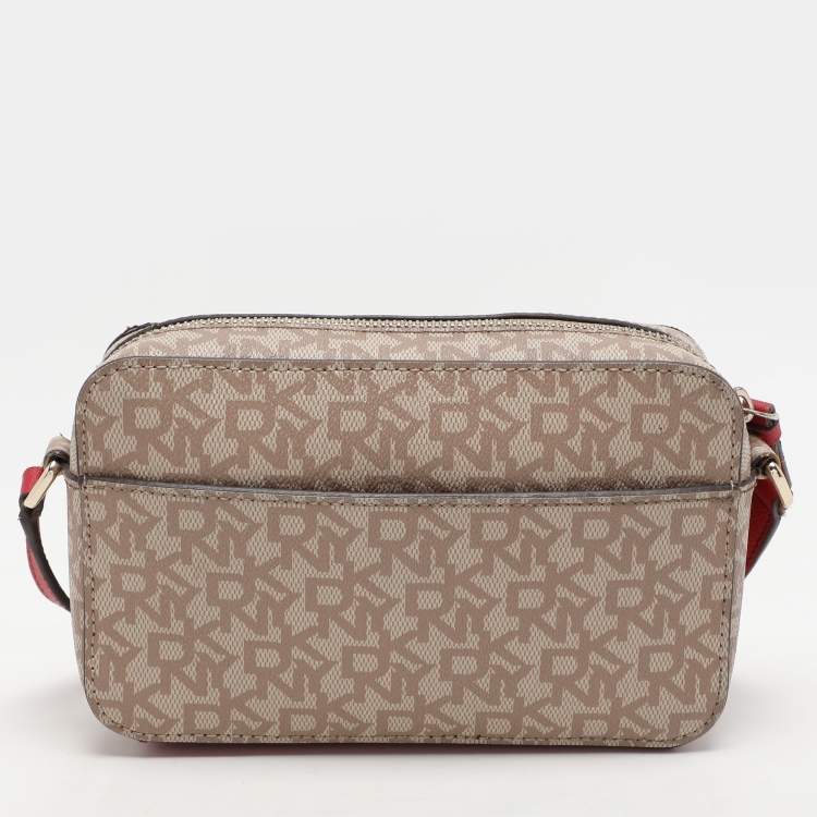 Pre Owned Dkny Beige/Red Signature Coated Canvas and Leather Crossbody Bag