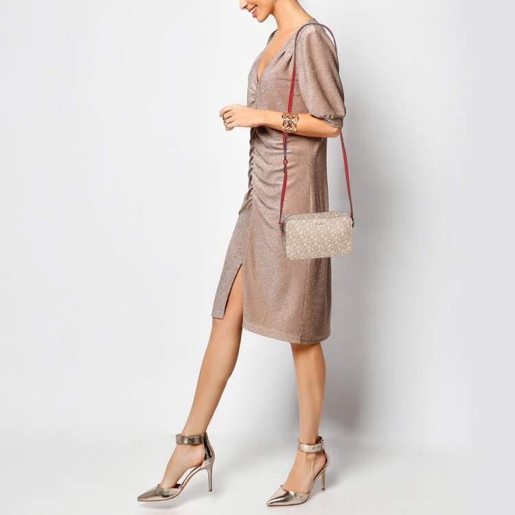 Pre Owned Dkny Beige/Red Signature Coated Canvas and Leather Crossbody Bag