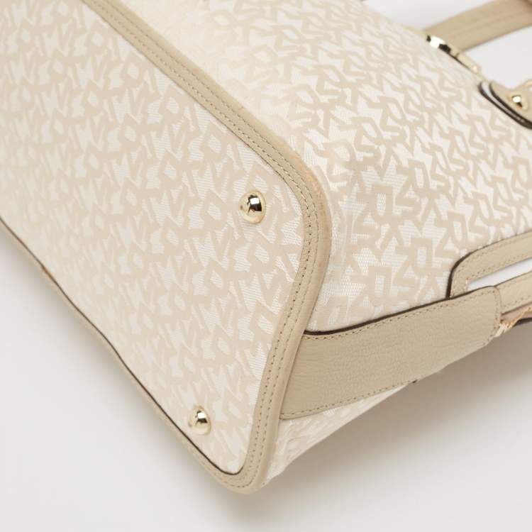 Pre Owned DKNY Cream/Beige Signature Canvas and Leather Dome Satchel