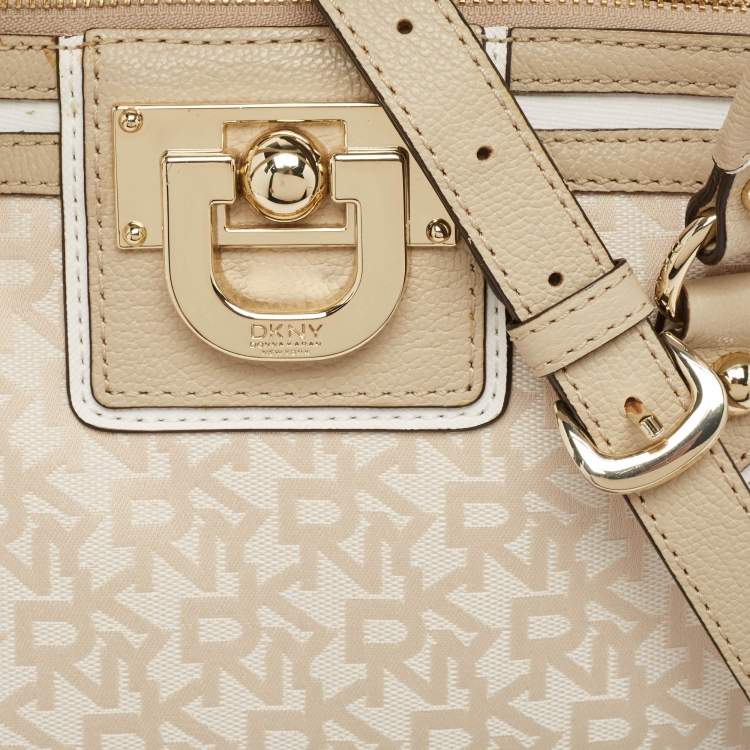 Pre Owned DKNY Cream/Beige Signature Canvas and Leather Dome Satchel