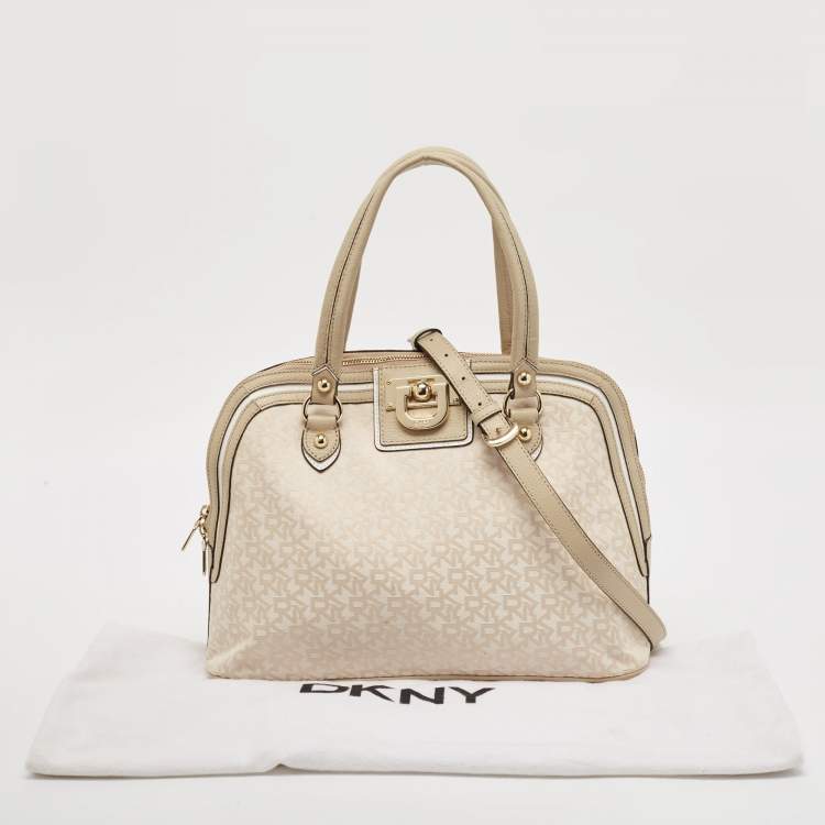 Pre Owned DKNY Cream/Beige Signature Canvas and Leather Dome Satchel