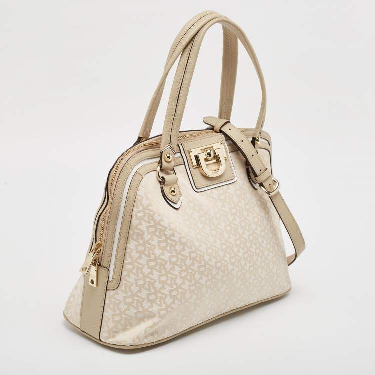 Pre Owned DKNY Cream/Beige Signature Canvas and Leather Dome Satchel