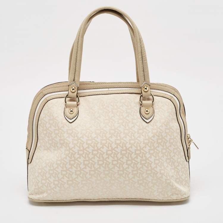 Pre Owned DKNY Cream/Beige Signature Canvas and Leather Dome Satchel