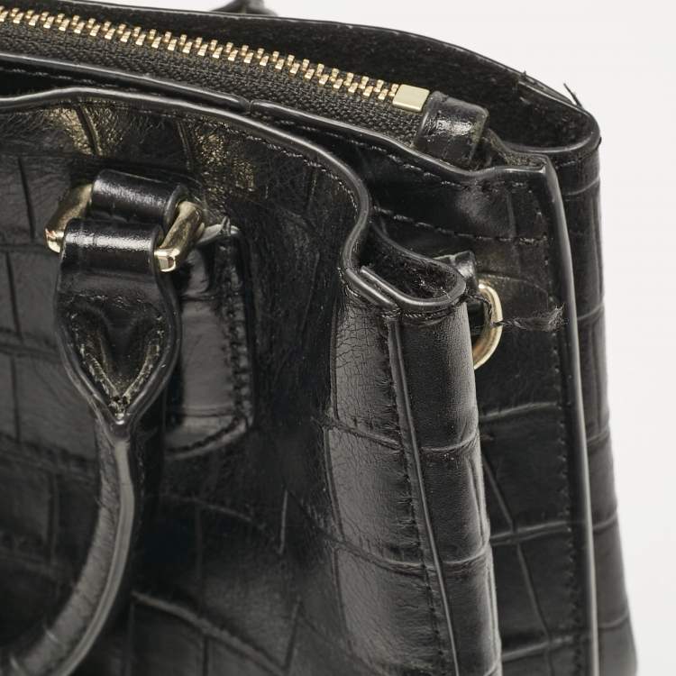 Pre Owned DKNY Black Croc Embossed Leather Logo Satchel
