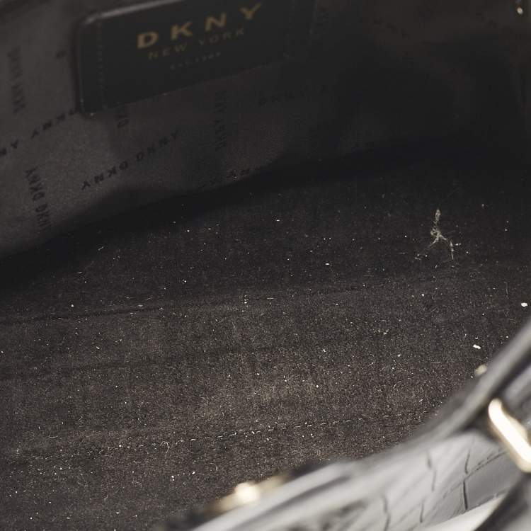 Pre Owned DKNY Black Croc Embossed Leather Logo Satchel