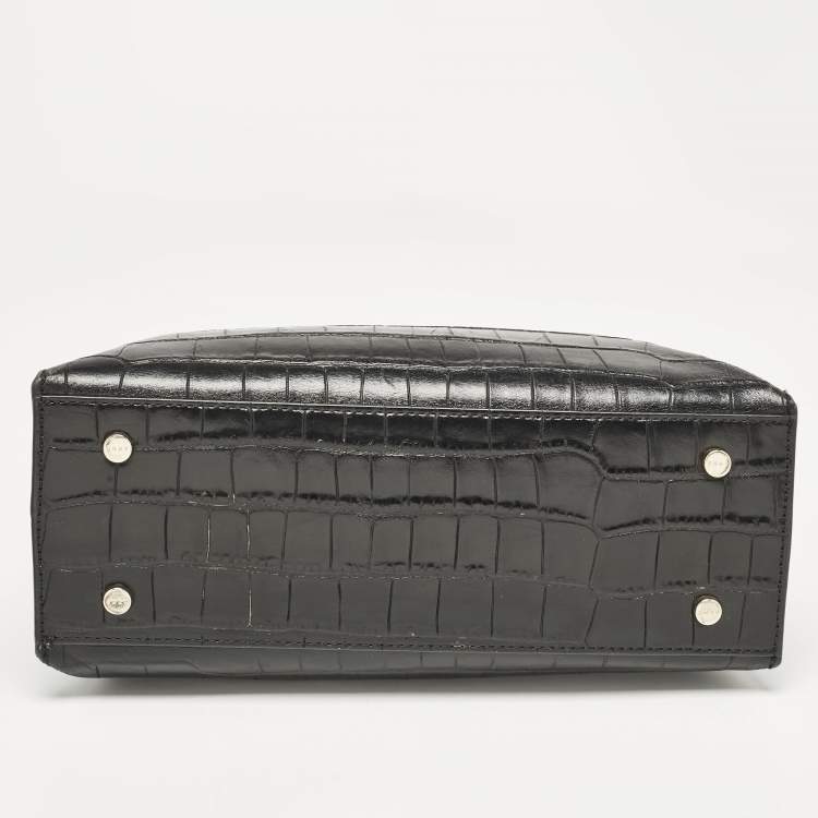 Pre Owned DKNY Black Croc Embossed Leather Logo Satchel