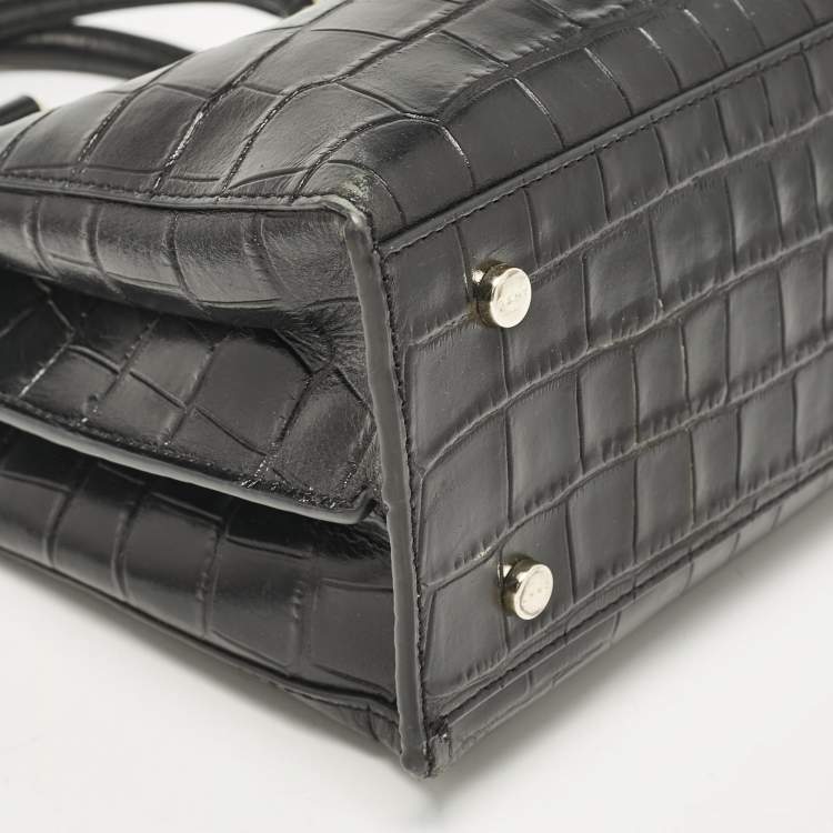 Pre Owned DKNY Black Croc Embossed Leather Logo Satchel