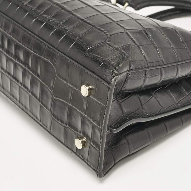 Pre Owned DKNY Black Croc Embossed Leather Logo Satchel