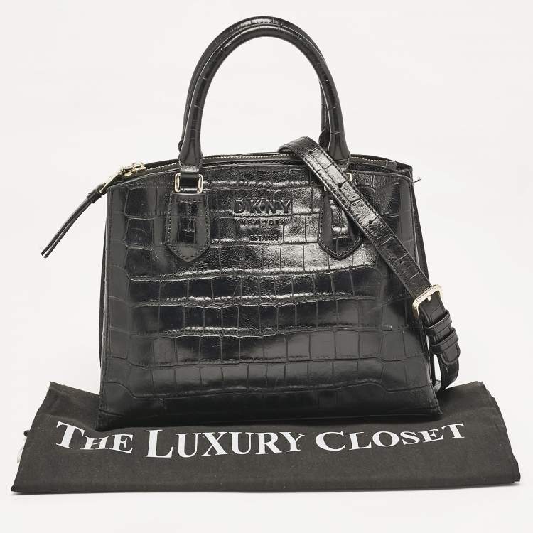 Pre Owned DKNY Black Croc Embossed Leather Logo Satchel