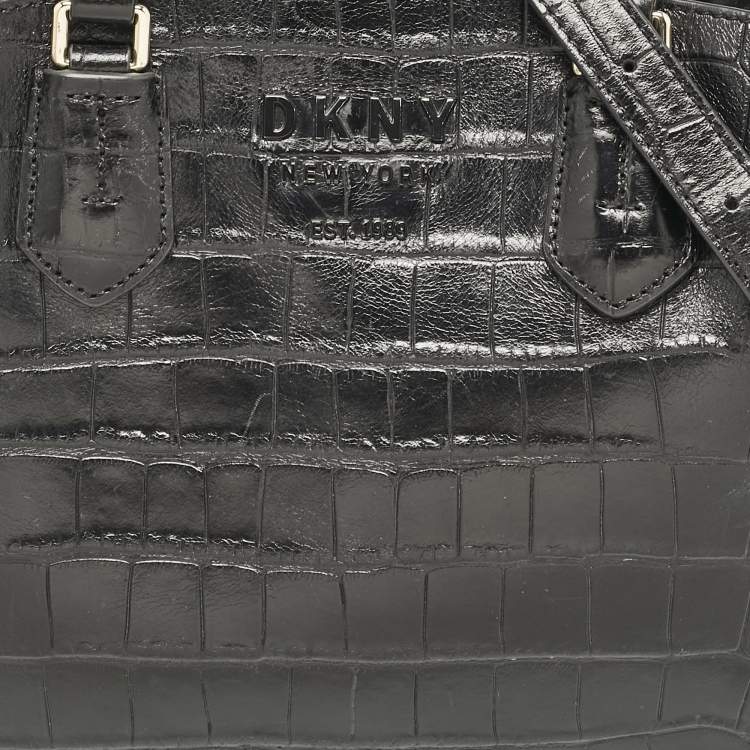 Pre Owned DKNY Black Croc Embossed Leather Logo Satchel