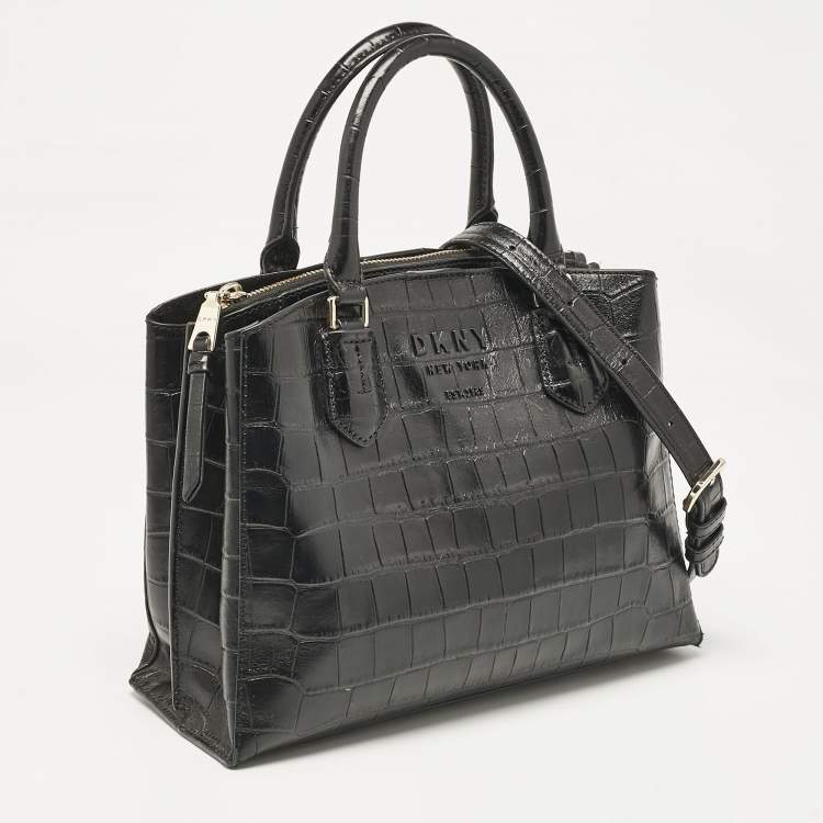 Pre Owned DKNY Black Croc Embossed Leather Logo Satchel