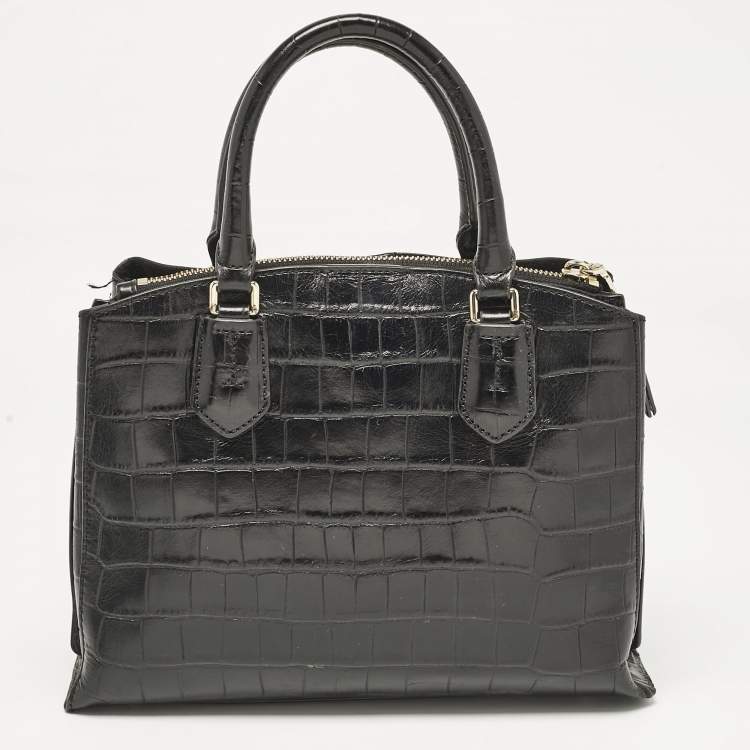 Pre Owned DKNY Black Croc Embossed Leather Logo Satchel