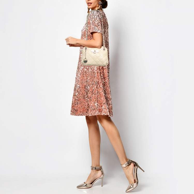 Pre Owned DKNY Light Beige Quilted Leather Small Zip Shoulder Bag
