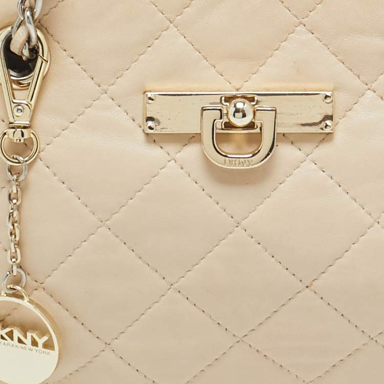 Pre Owned DKNY Light Beige Quilted Leather Small Zip Shoulder Bag