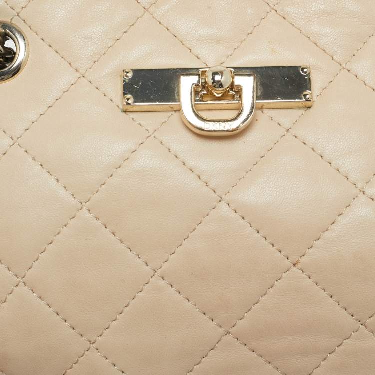 Pre Owned DKNY Light Beige Quilted Leather Small Zip Shoulder Bag