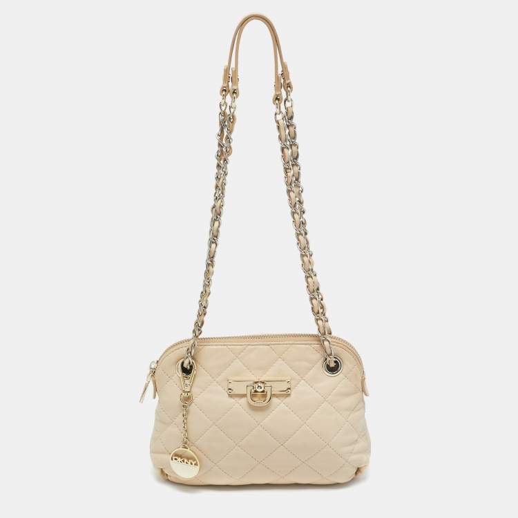 Pre Owned DKNY Light Beige Quilted Leather Small Zip Shoulder Bag