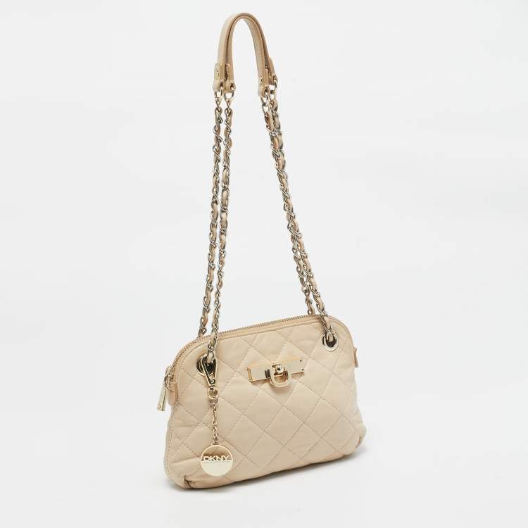 Pre Owned DKNY Light Beige Quilted Leather Small Zip Shoulder Bag