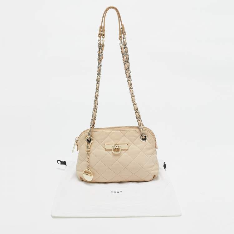Pre Owned DKNY Light Beige Quilted Leather Small Zip Shoulder Bag