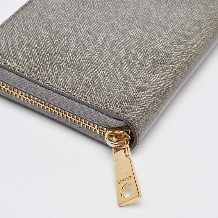 Pre Owned DKNY Metallic Grey Saffiano Leather Logo Zip Around Wallet