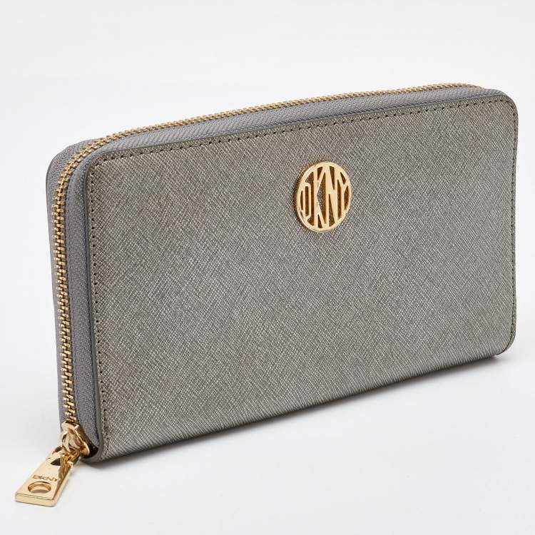 Pre Owned DKNY Metallic Grey Saffiano Leather Logo Zip Around Wallet