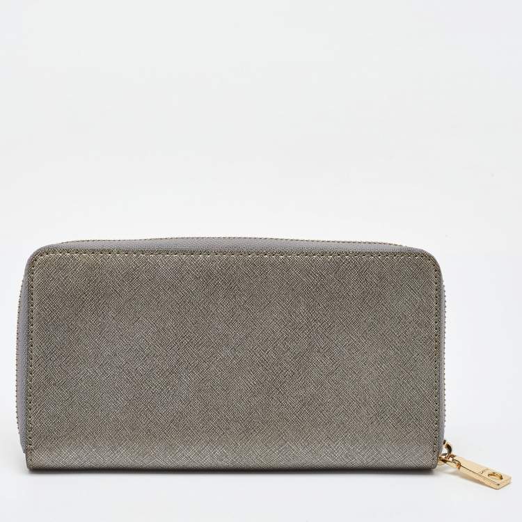 Pre Owned DKNY Metallic Grey Saffiano Leather Logo Zip Around Wallet