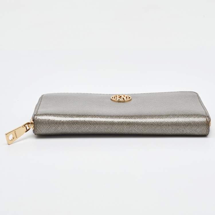 Pre Owned DKNY Metallic Grey Saffiano Leather Logo Zip Around Wallet