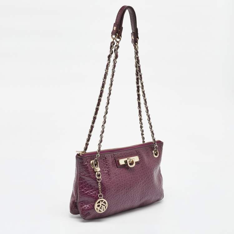 Pre Owned DKNY Purple Leather Lock Chain Shoulder Bag