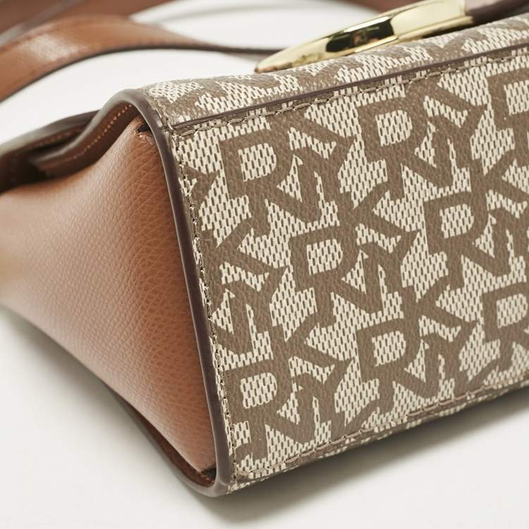 Pre Owned DKNY Beige/Brown Signature Coated Canvas and Leather Crossbody Bag
