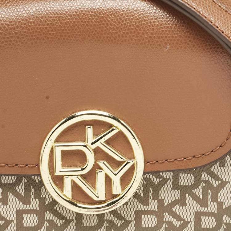 Pre Owned DKNY Beige/Brown Signature Coated Canvas and Leather Crossbody Bag