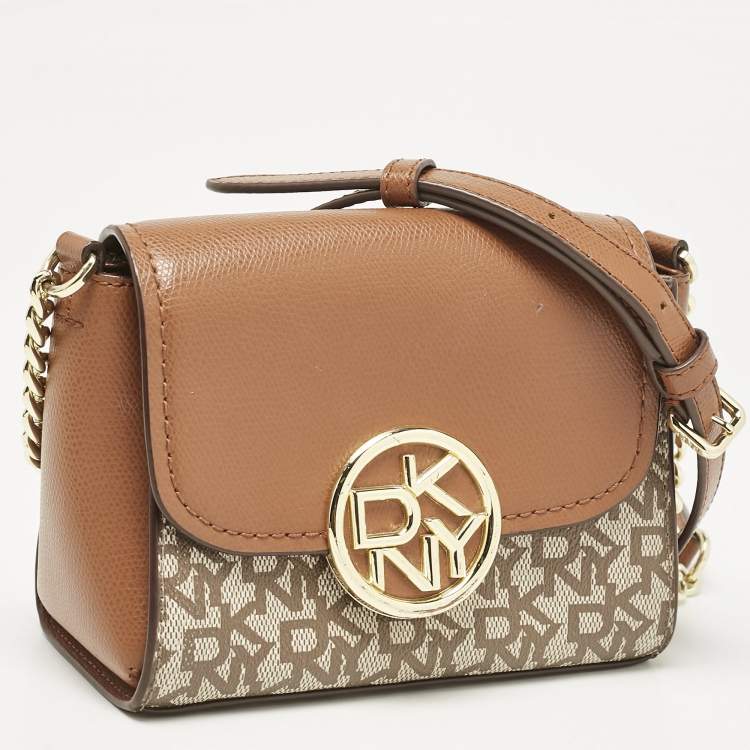 Pre Owned DKNY Beige/Brown Signature Coated Canvas and Leather Crossbody Bag