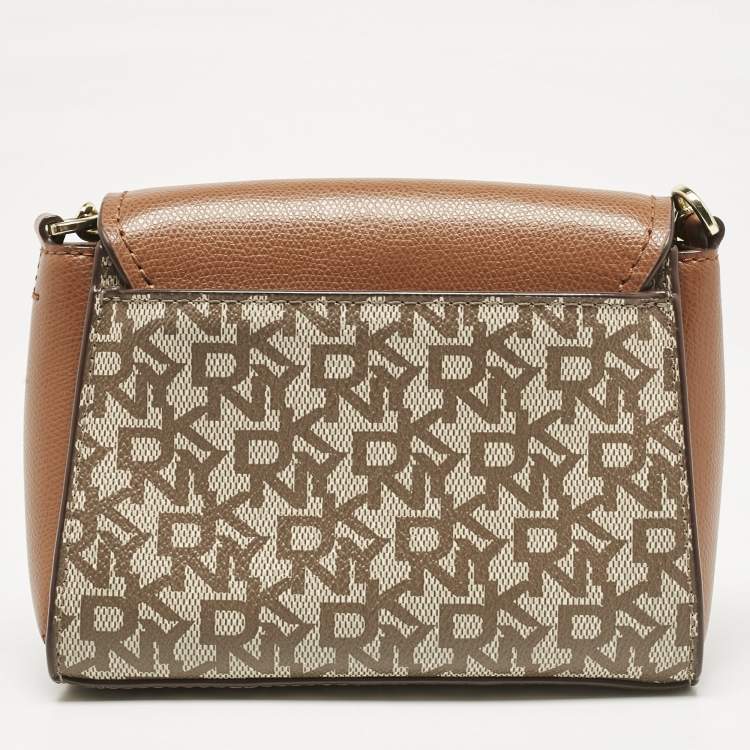 Pre Owned DKNY Beige/Brown Signature Coated Canvas and Leather Crossbody Bag