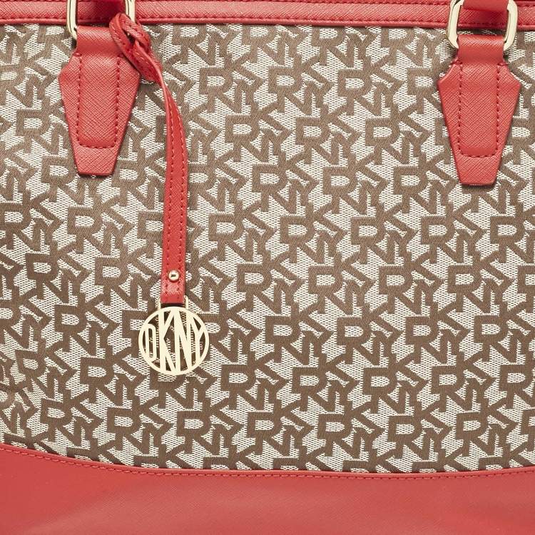 Pre Owned DKNY Red/Beige Signature Canvas and Leather Zip Tote