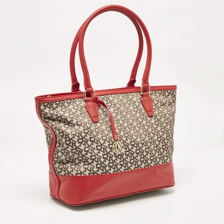Pre Owned DKNY Red/Beige Signature Canvas and Leather Zip Tote