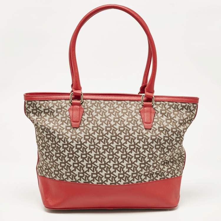Pre Owned DKNY Red/Beige Signature Canvas and Leather Zip Tote