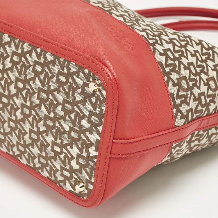 Pre Owned DKNY Red/Beige Signature Canvas and Leather Zip Tote