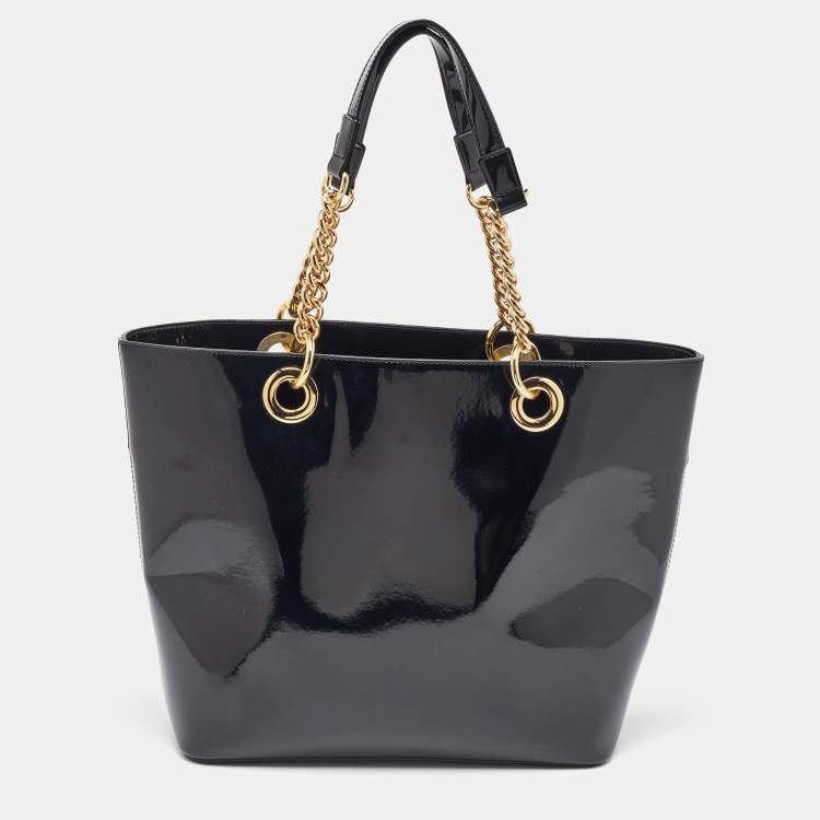 Pre Owned DKNY Black Patent Leather Chain Shopper Tote