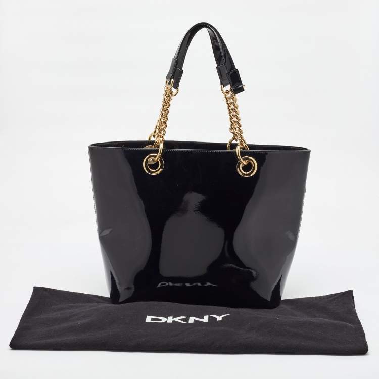 Pre Owned DKNY Black Patent Leather Chain Shopper Tote
