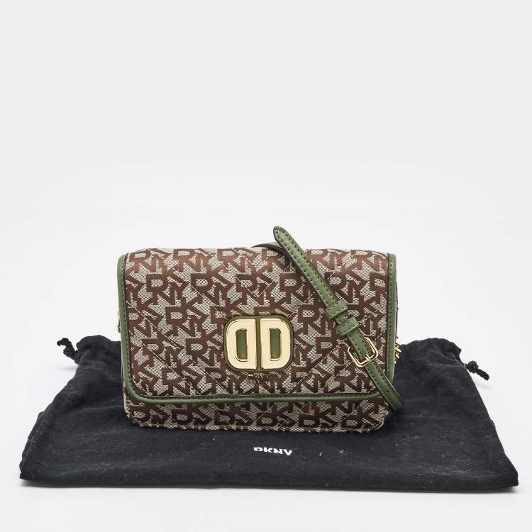 Pre Owned DKNY Beige/Green Canvas and Leather Delphine Crossbody Bag