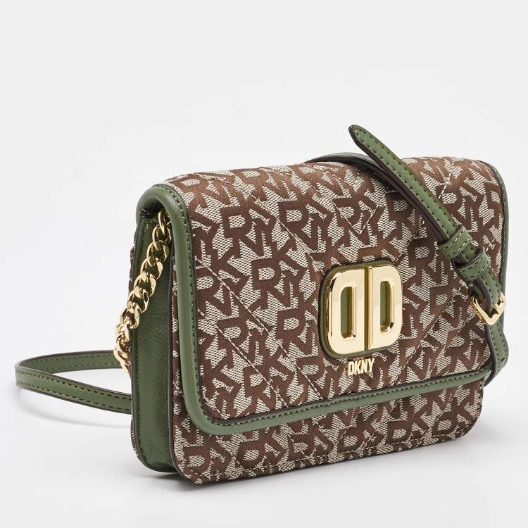 Pre Owned DKNY Beige/Green Canvas and Leather Delphine Crossbody Bag