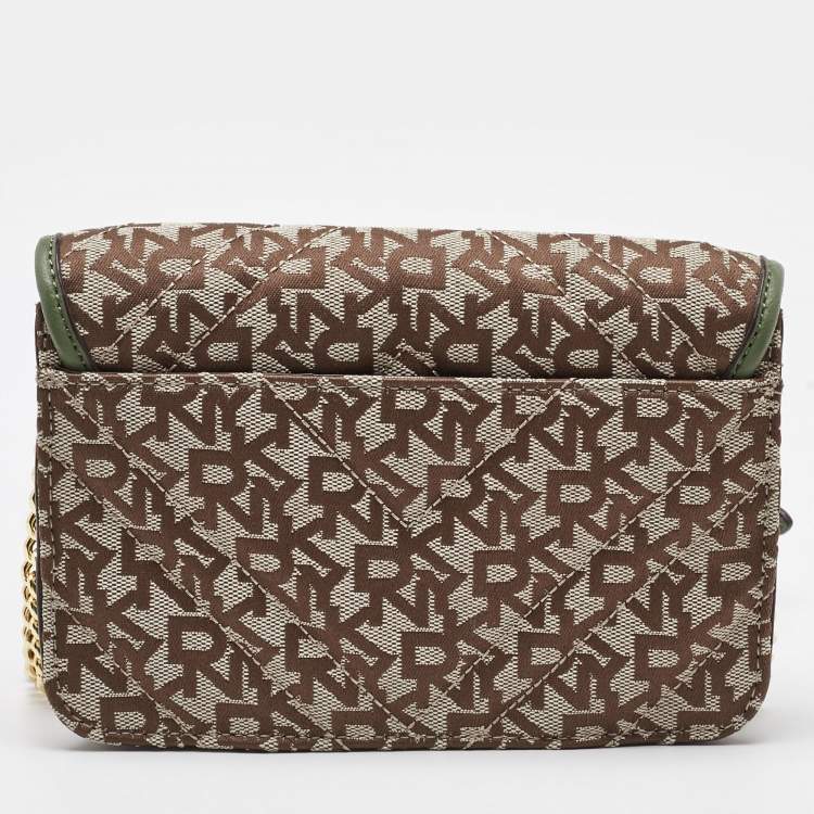 Pre Owned DKNY Beige/Green Canvas and Leather Delphine Crossbody Bag