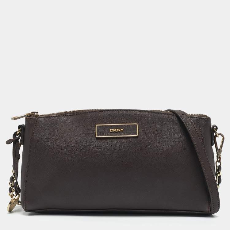 Pre Owned DKNY Dark Brown Saffiano Leather Bryant Park Zip Crossbody Bag