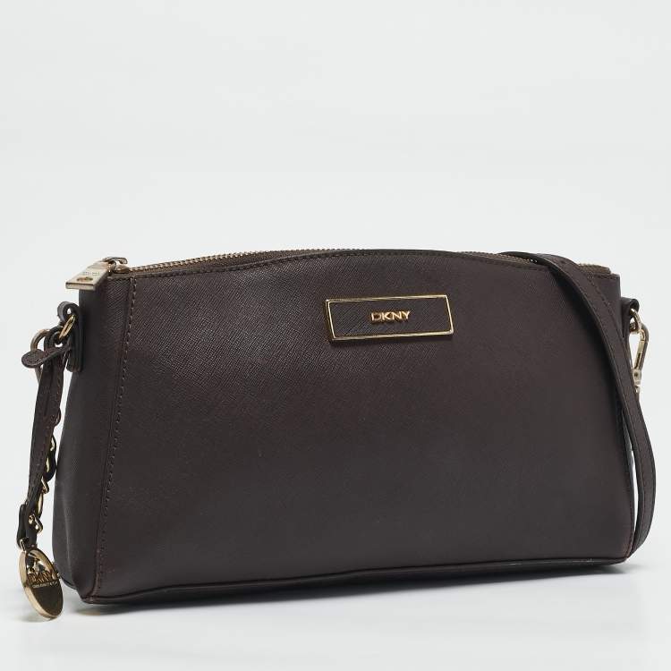 Pre Owned DKNY Dark Brown Saffiano Leather Bryant Park Zip Crossbody Bag