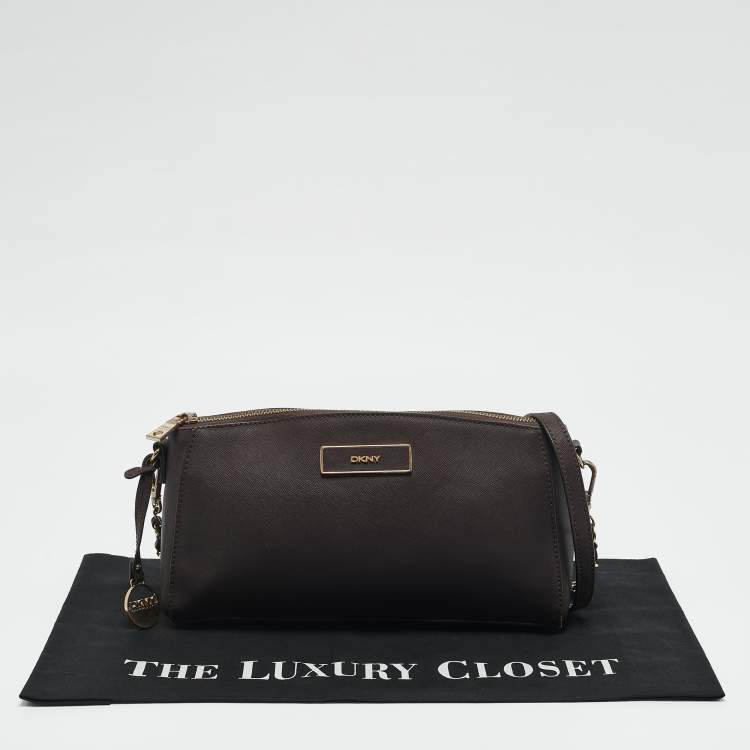 Pre Owned DKNY Dark Brown Saffiano Leather Bryant Park Zip Crossbody Bag