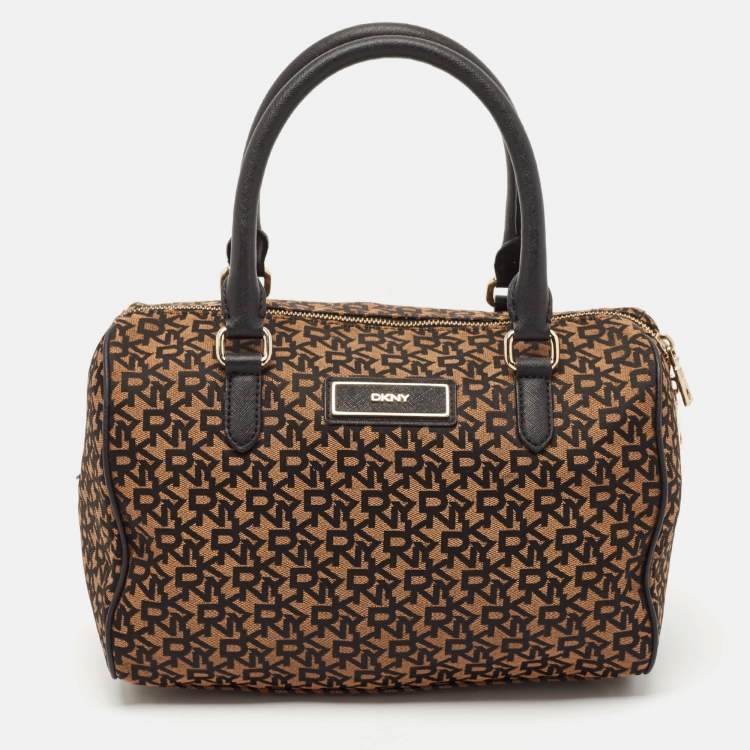 Pre Owned DKNY Black/Brown Monogram Fabric and Leather Boston Bag