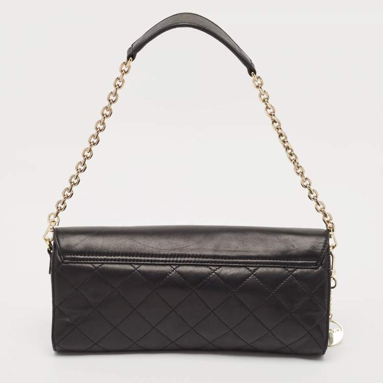 Pre Owned Dkny Black Quilted Leather Logo Flap Chain Clutch