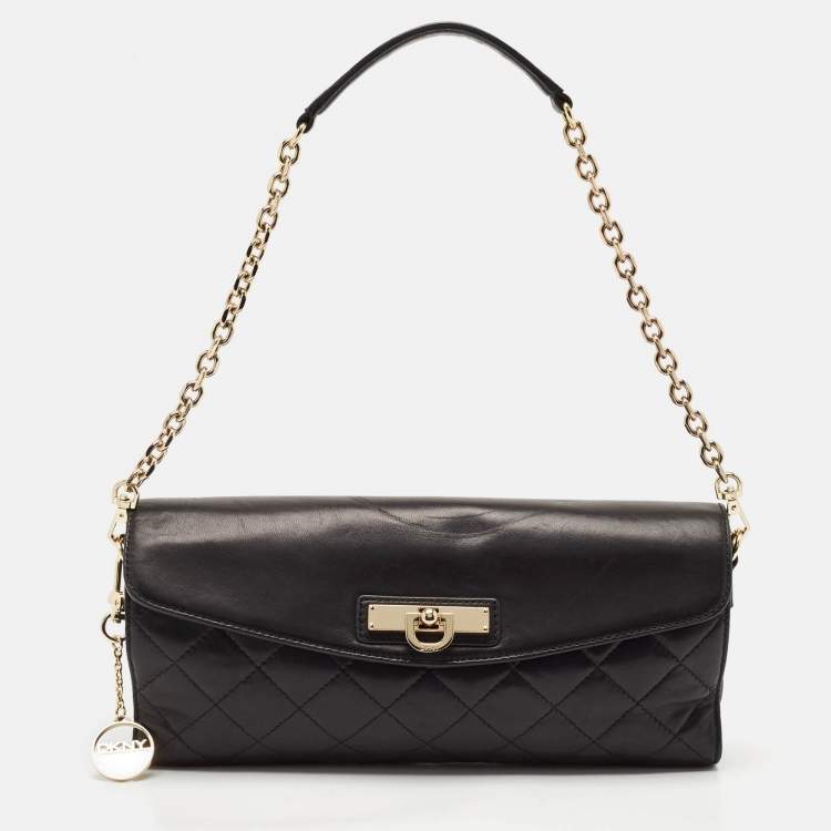 Pre Owned Dkny Black Quilted Leather Logo Flap Chain Clutch
