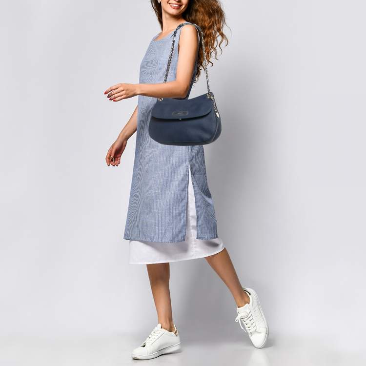 Pre Owned DKNY Navy Blue Leather Chain Flap Shoulder Bag