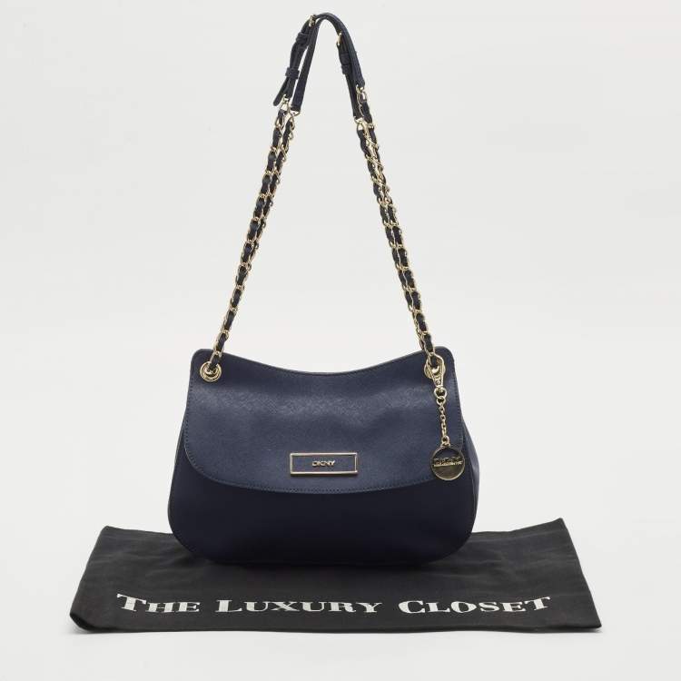 Pre Owned DKNY Navy Blue Leather Chain Flap Shoulder Bag
