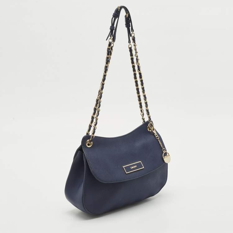 Pre Owned DKNY Navy Blue Leather Chain Flap Shoulder Bag