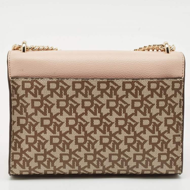Pre Owned DKNY Light Pink/Beige Signature Coated Canvas and Leather Von Flap Shoulder Bag